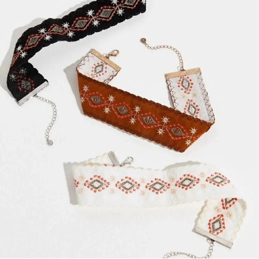 Free People White Embroiderered In My feeling Choker Boho Western Neckla…